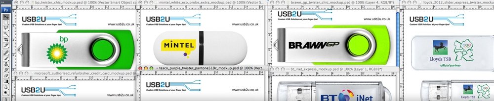 Photoshop mock-ups of branded USB sticks
