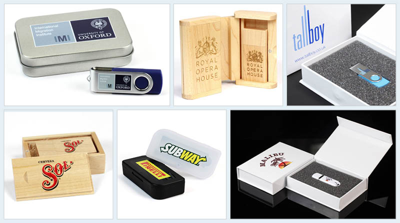 Packaging for USB Memory Sticks - Availaible from USB2U A montage of photographs of different USB Memory Sticks with branded packaging