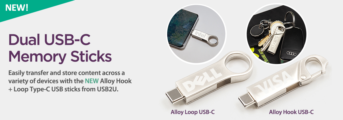 Picture of two metal USB-C flash drives launched by USB2U with logos on