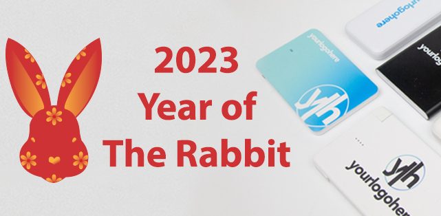 Image of a red rabbit with text '2022 Year of the Rabbit' alongside personalised power banks